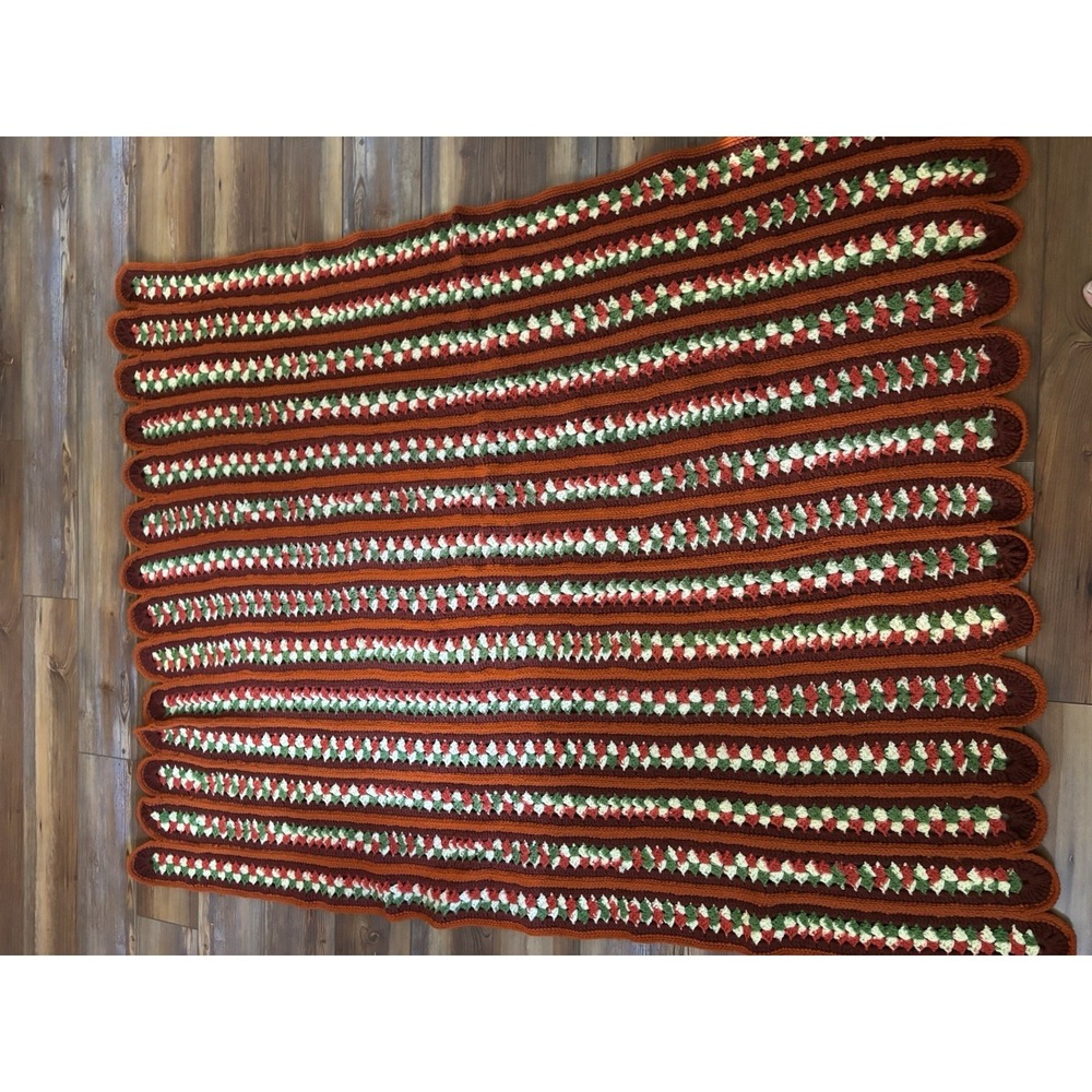 Afghan 70s Throw Blanket Scalloped Rust Red YellowGreen Stripe 60"x43" Vintage